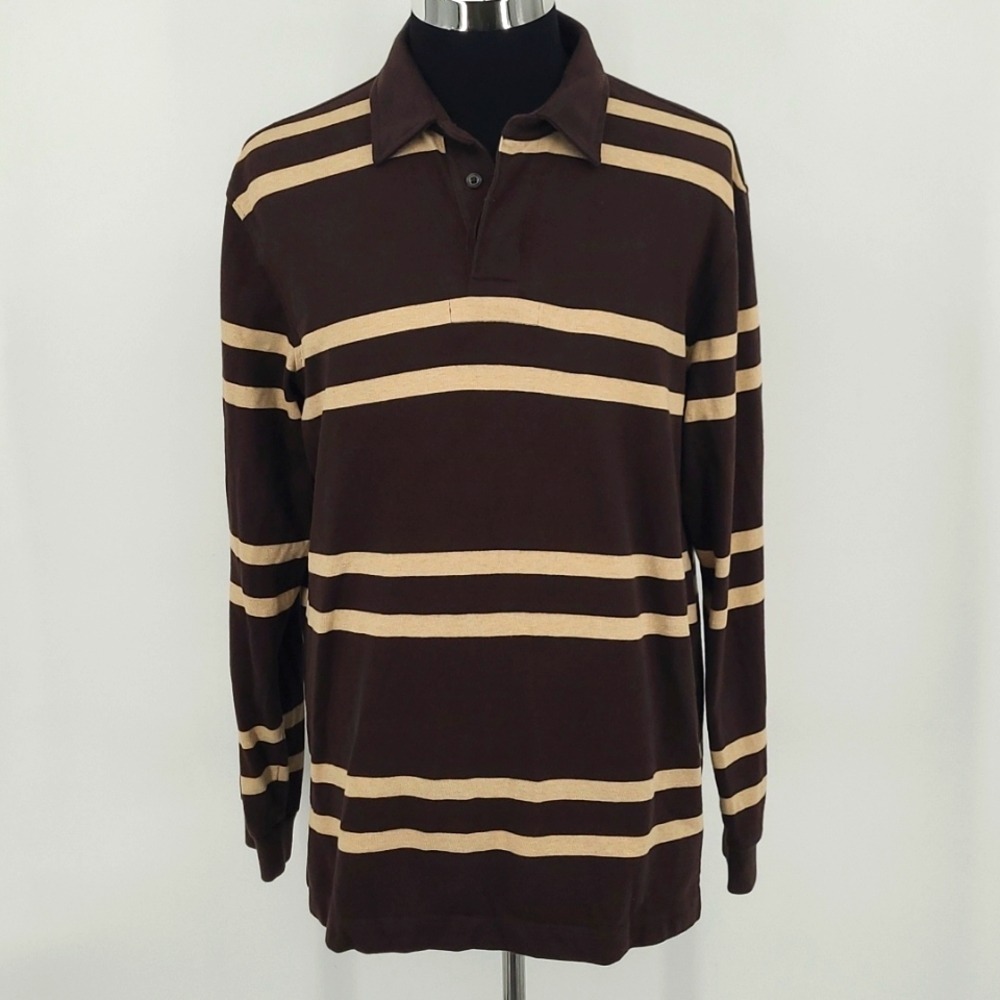 Lands End Mens Large Brown Tan Striped Long Sleeve Cotton Polo Shirt L 42-44